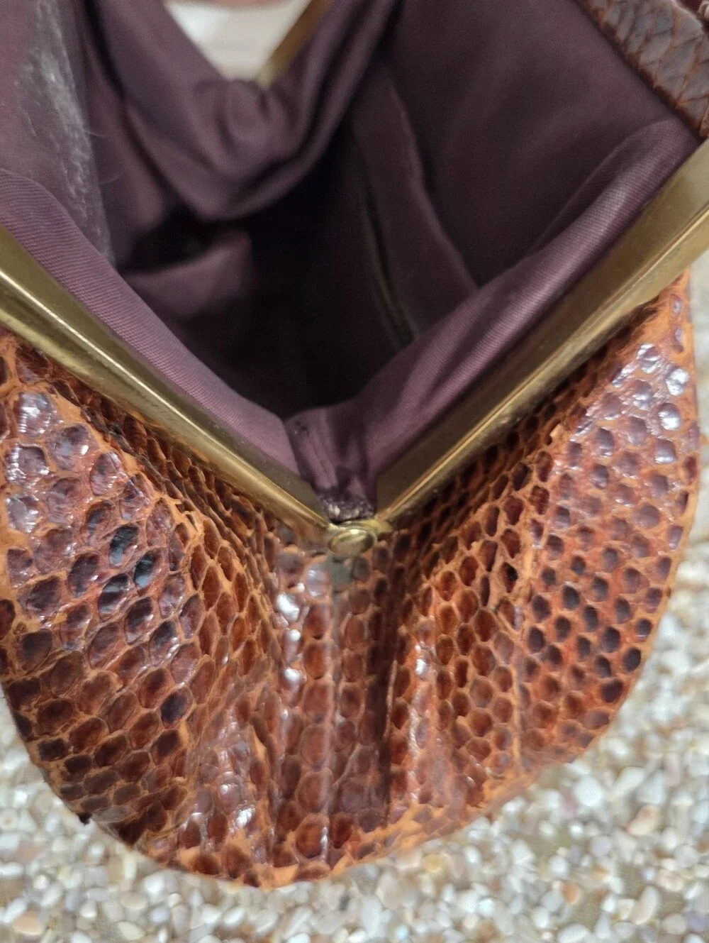 Vintage Genuine Snakeskin Handbag Brown Python Leather Framed Purse Clasp Close